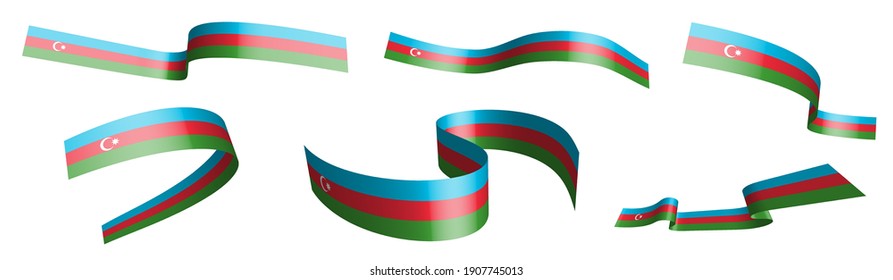 Set of holiday ribbons. Flag of Azerbaijan waving in wind. Separation into lower and upper layers. Design element. Vector on white background