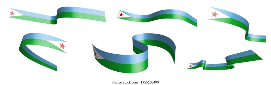 Set of holiday ribbons. flag of Djibouti waving in wind. Separation into lower and upper layers. Design element. Vector on white background