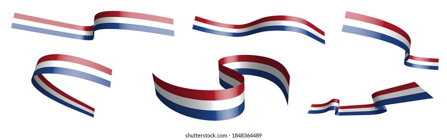 Set of holiday ribbons. Flag of Holland, Netherlands waving in wind. Separation into lower and upper layers. Design element. Vector on white background