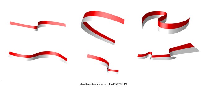 Set of holiday ribbons. Flag of Indonesia waving in the wind. Separation into lower and upper layers. Design element. Vector on a white background