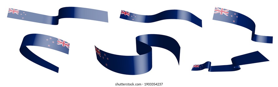 Set of holiday ribbons. Flag of New zealand waving in wind. Separation into lower and upper layers. Design element. Vector on white background