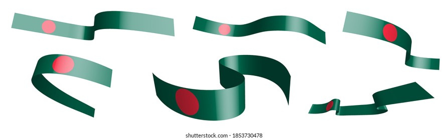 Set of holiday ribbons. Flag of republic of Bangladesh waving in wind. Separation into lower and upper layers. Design element. Vector on white background