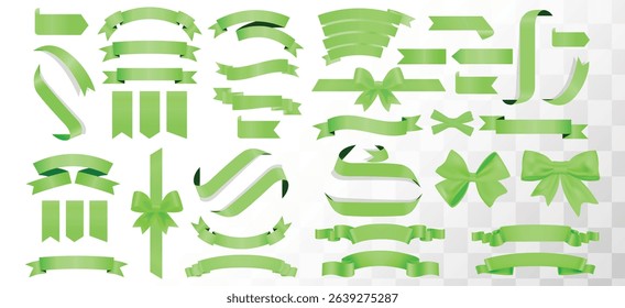 Set of holiday ribbons. Green, fuchsia flag, Ribbon waving in the wind. Design element. 3d on a transparent background,  green bow with horizontal ribbon, Green Silk Ribbons, Concept for invitation. 
