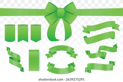 Set of holiday ribbons. Green, fuchsia flag, Ribbon waving in the wind. Design element. 3d on a transparent background,  green bow with horizontal ribbon, Green Silk Ribbons, Concept for invitation. 