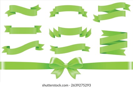 Set of holiday ribbons. Green, fuchsia flag, Ribbon waving in the wind. Design element. 3d on a transparent background,  green bow with horizontal ribbon, Green Silk Ribbons, Concept for invitation. 