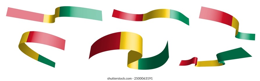 Set of holiday ribbons. Guinea flag waving in wind. Separation into lower and upper layers. Design element. Vector on white background