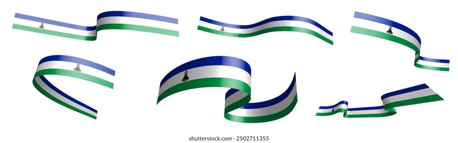 Set of holiday ribbons. Lesotho flag waving in wind. Separation into lower and upper layers. Design element. Vector on white background
