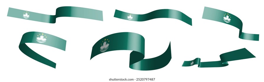 Satz von Feiertagsbändern. Macau-Flagge im Wind. Trennung in untere und obere Schichten. Design-Element. Vektor auf weißem Hintergrund