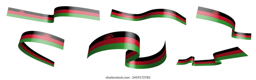 Set of holiday ribbons. Malawi flag waving in wind. Separation into lower and upper layers. Design element. Vector on white background