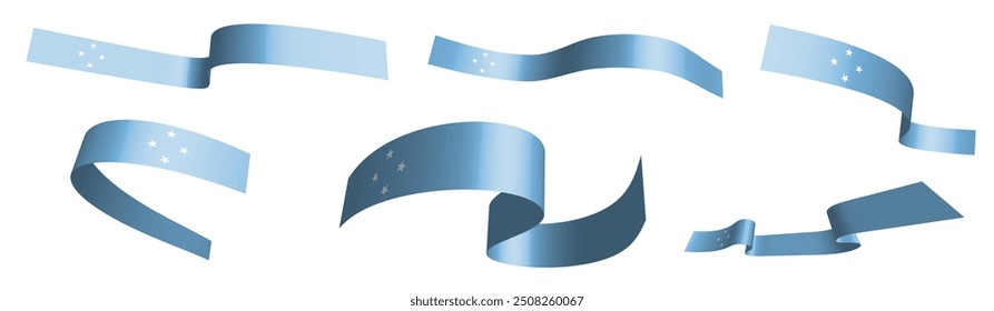 Set of holiday ribbons. Micronesia flag waving in wind. Separation into lower and upper layers. Design element. Vector on white background