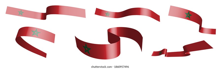 Set of holiday ribbons. Morocco flag waving in wind. Separation into lower and upper layers. Design element. Vector on white background