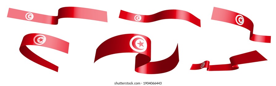 Set of holiday ribbons. Republic of Tunisia flag waving in wind. Separation into lower and upper layers. Design element. Vector on white background