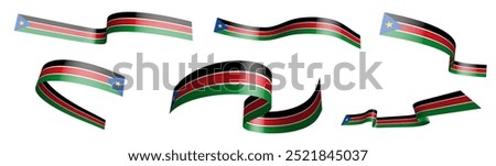 Set of holiday ribbons. South Sudan flag waving in wind. Separation into lower and upper layers. Design element. Vector on white background