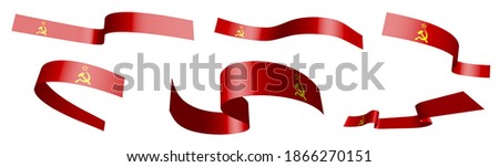 Set of holiday ribbons. Soviet Union flag, USSR waving in wind. Separation into lower and upper layers. Design element. Vector on white background