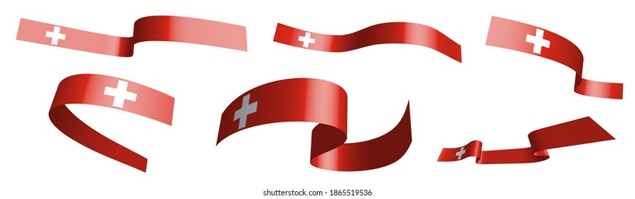 Set of holiday ribbons. Swiss flag waving in wind. Separation into lower and upper layers. Design element. Vector on white background