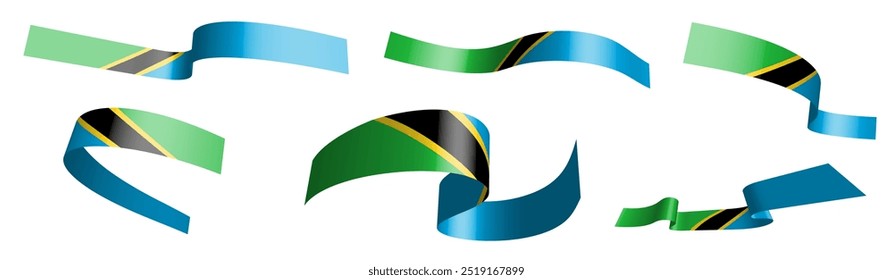 Conjunto de cintas de vacaciones. Bandera de Tanzania ondeando en el viento. Separación en capas inferiores y superiores. Elemento de diseño. Vector sobre fondo blanco