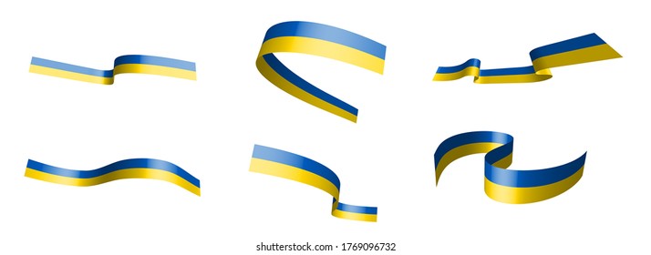 Set of holiday ribbons. Ukrainian flag waving in the wind. Separation into lower and upper layers. Design element. Vector on a white background