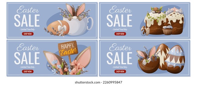 Set of Holiday Sale Flyers for Happy Easter. Festive attributes, bunny in a cup, cakes and cupcakes, spring flowers and willow branches, eggs. Vector illustration for poster, banner, website.