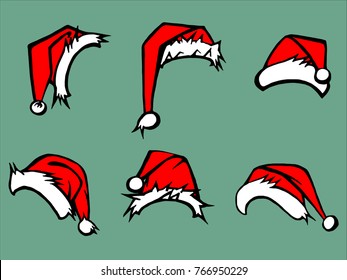 Set of holiday Santa Claus hats. The drawings in the New year and Christmas style isolated on green background
