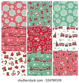 Set of Holiday seamless backgrounds with christmas traditional symbols.