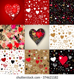 Set of holiday seamless backgrounds with hearts, greeting card with hand-drawn hearts in Doodle style sketch art. Graffiti with hearts and inscriptions: "happy Valentine's Day", "love", "My Valentine"