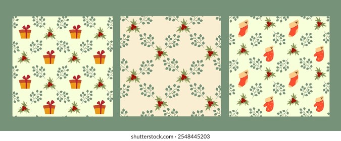 Set of holiday seamless patterns with Christmas decoration elements. Winter cozy wallpapers with stockings, gift boxes and holly branches. Repeat textures for textile or wrapping paper.