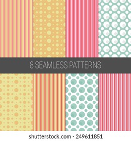 Set of Holiday Seamless Patterns with Polka Dot,Jumbo Polka and stripes in yellow,white,orange,red,turquoise.Perfect for wallpapers,pattern fills,web background, birthday, Valentine and wedding cards.