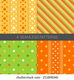 Set of Holiday Seamless Patterns with Polka Dot, diagonal stripes in yellow, green, orange.Perfect for wallpapers, pattern fills, web background, birthday, Valentine, gift cards, wedding cards, wrapping paper.