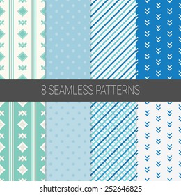 Set of Holiday Seamless Patterns with Polka Dot,diagonal stripes in turquoise,blue,cyan.Perfect for wallpapers,pattern fills,web background,birthday,Valentine,gift cards,wedding cards,wrapping paper.