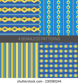 Set of Holiday Seamless Patterns with stripe, rhombus, ribbons, star, square and abstract ornament in blue, dark blue and gold . Suitable for textile, gift cards, wallpaper and gift wrapping paper.
