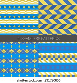 Set of Holiday Seamless Patterns with stripe, rhombus, ribbons, zigzag and abstract ornament in blue, dark blue, gold and white. Suitable for textile, gift cards, wallpaper and gift wrapping paper.