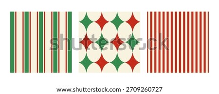 Set of holiday seamless patterns with stripes and rhomb shaped stars. Christmas vector flat abstract geometric backgrounds