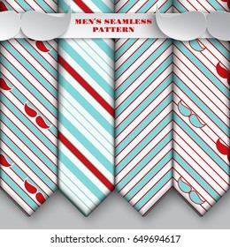 Set of holiday seamless red-green pattern, fashion hipster background with strips and mustaches for fathers day or male event greeting card, banner or poster. Vector illustration, necktie design