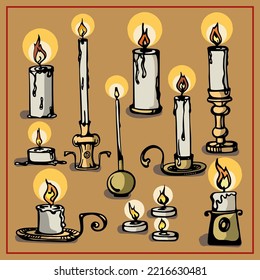 Set of holiday separate wax candles with vintage candlesticks