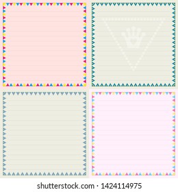 Set of holiday sheets in a frame with triangular flags, illustration of four colored sets of flags at the edges and an empty space for writing
