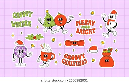 Conjunto de pegatinas navideñas con personajes retro de Navidad y citas con letras en estilo groovy. Ilustración de contorno de Vector de año nuevo varias mascotas en estilo de los años 70