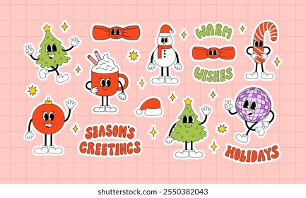 Conjunto de adesivos de férias com caracteres de Natal retro e citações de letras em estilo groovy. Ilustração do esboço do vetor do ano novo vários mascotes no estilo dos anos 70