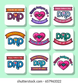 Set of holiday stickers for father's day or for birthday. Vector Isolated flat colorful illustration.