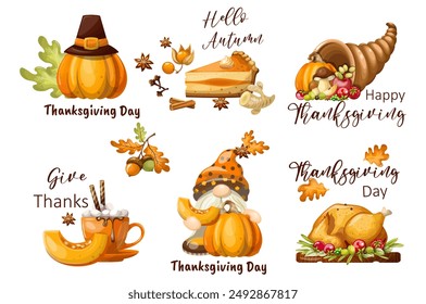 Set of holiday stickers Happy Thanksgiving. Freehand drawing, isolate on a white background. Vector