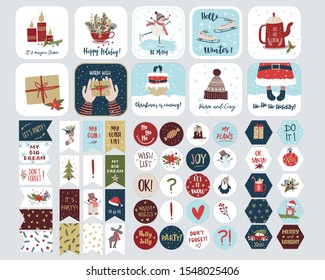 Set of  holiday stickers for planners and to do lists with cute Christmas illustrations and hand drawn lettering. Template collection for planners, schedules, agenda, diary and other stationery