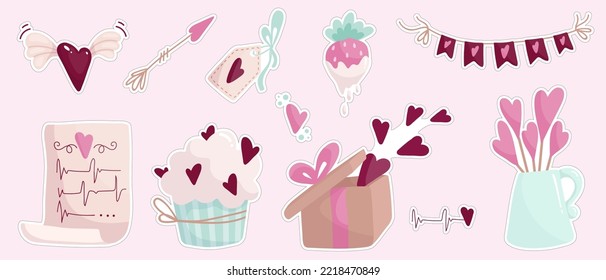 A set of holiday stickers for Valentine's Day.Various romantic paraphernalia.Cartoon vector graphics.