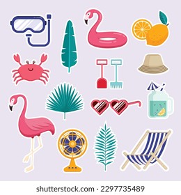 Set of Holiday Summer Beach Elements. Flat Design Illustration. Lemon, Crab, Palm Leaf, Fan, Shovel, Tropical Leaf, Sunglasses, Cocktail, Flamingo, Goggles, Bucket Hat, Beach Chair. svg