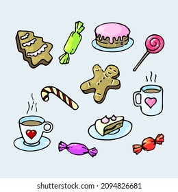 Set of holiday sweets, doodle style. Minimalistic colorful vector illustration.