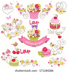 Set of holiday symbols with cupcake, macaroon, berries, flowers, birds and butterflies.