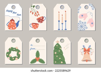 Set of holiday tags on gift boxes, suitcases, gifts, address labels. Vector labels with Christmas tree, Christmas bell, teapot with cups, Christmas wreath, candles and mittens, and room for text. 