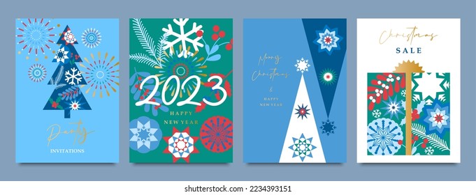 A set of holiday templates for sales, Merry Christmas and Happy New Year greetings, party invitations, Holiday cover, flyer, leaflet with a beautiful, colorful design. Christmas trees, fireworks, gift