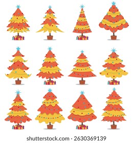 Set of holiday theme illustration featuring colorful Christmas trees decorated with ornaments and stars. Adds a joyful and cheerful visual for festive occasions, seasonal greetings, and holiday-themes