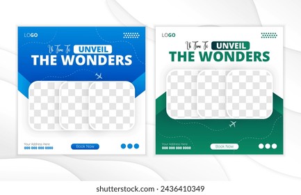 Set of holiday travel, traveling or summer beach travelling social media post or web banner template design. Tourism business marketing flyer or poster with abstract digital background, logo and icon.