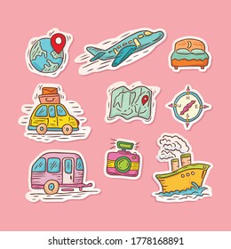 Set of Holiday and vacation Stickers with colorful hand drawn style. Summer tourism vector illustration.