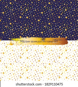 Set of holiday vector seamless patterns with golden stars. Golden shining texture for banner, poster, flyer, party invitation, card, wrapping paper, fabric, surface design, print and web.
